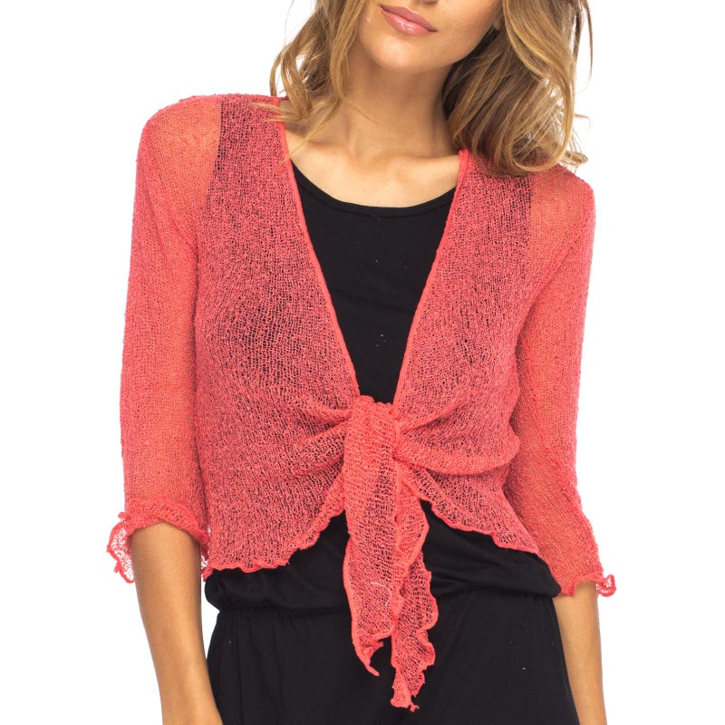 Back From Bali Womens Lightweight Knit Cardigan Shrug Lite Sheer Coral - Image 1